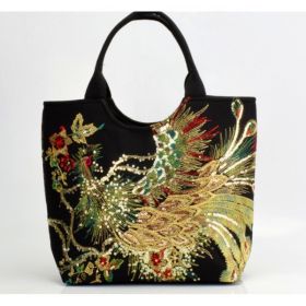 Canvas peacock embroidery small handbag (Option: Black-Paperback)