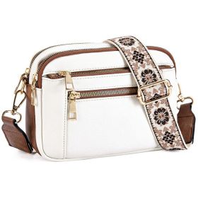 Triple-zipper Shoulder Bag With Floral Embroidered Straps Fashion Colorblock Multi-functional Crossbody Bags For Women (Option: White With Brown)